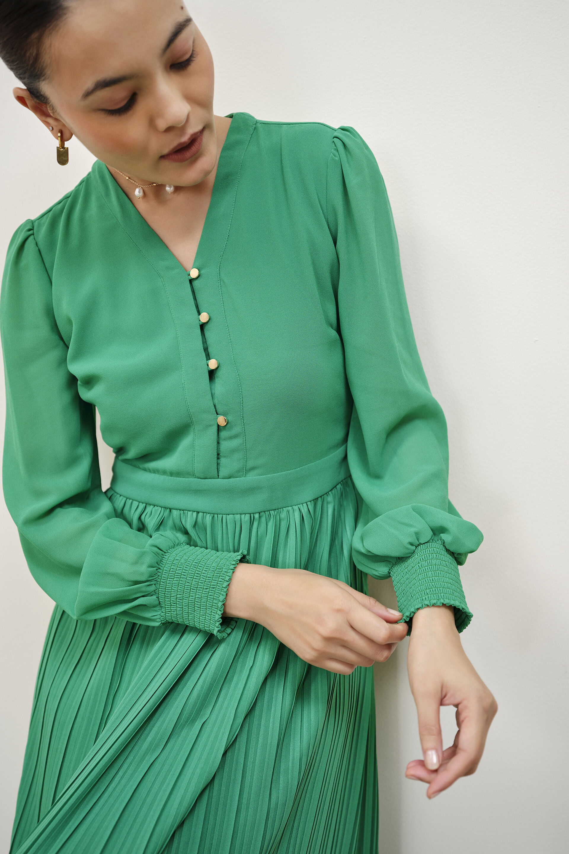 Gloria Green Pleated Dress, Green, image 2